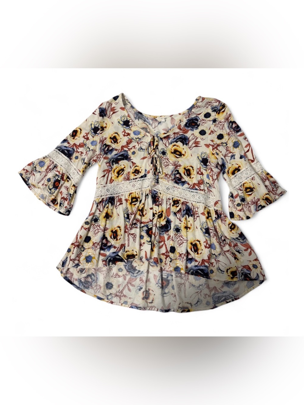 Maurice’s floral blouse with yellow, blue, and brown size XS